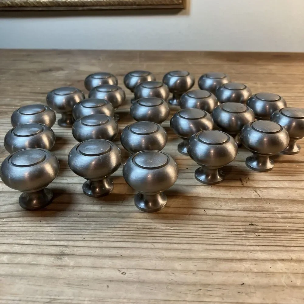 Lot Of 24 1.25 In Brushed Nickel Round Knob Heavy No Screws Previously Used